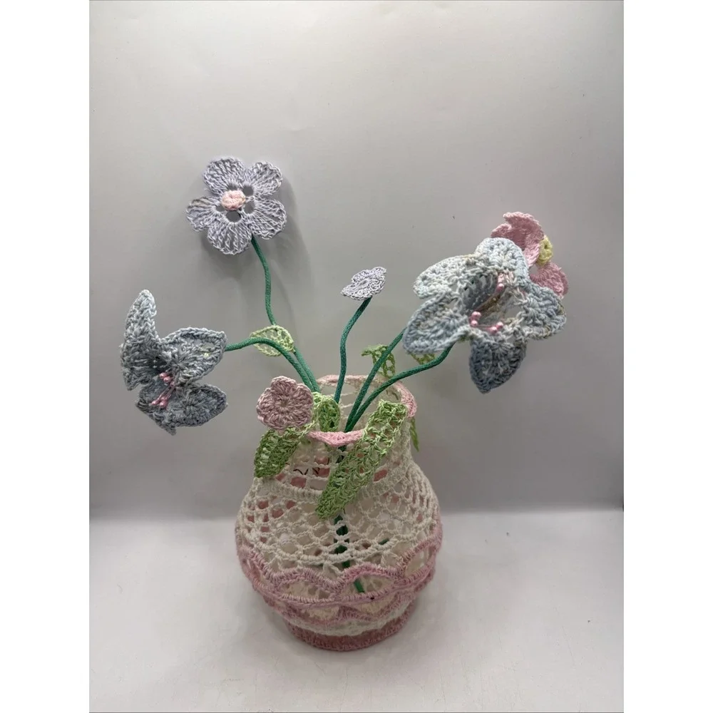 Vintage Crocheted Vase W/6 Pastel Flowers Handmade Starched Boho Cottagecore 50s